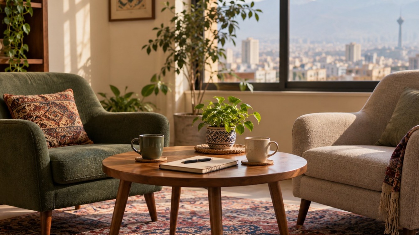 دو صندلی برای گفت‌وگوی آرام کنار میز و دفتر در فضای روشن